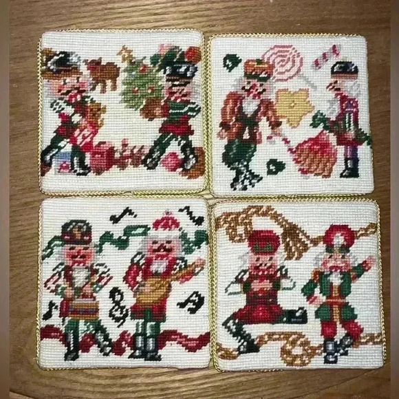 Vintage Other - 4 NEEDLEPOINT HOLIDAY NUTCRACKER COASTERS
